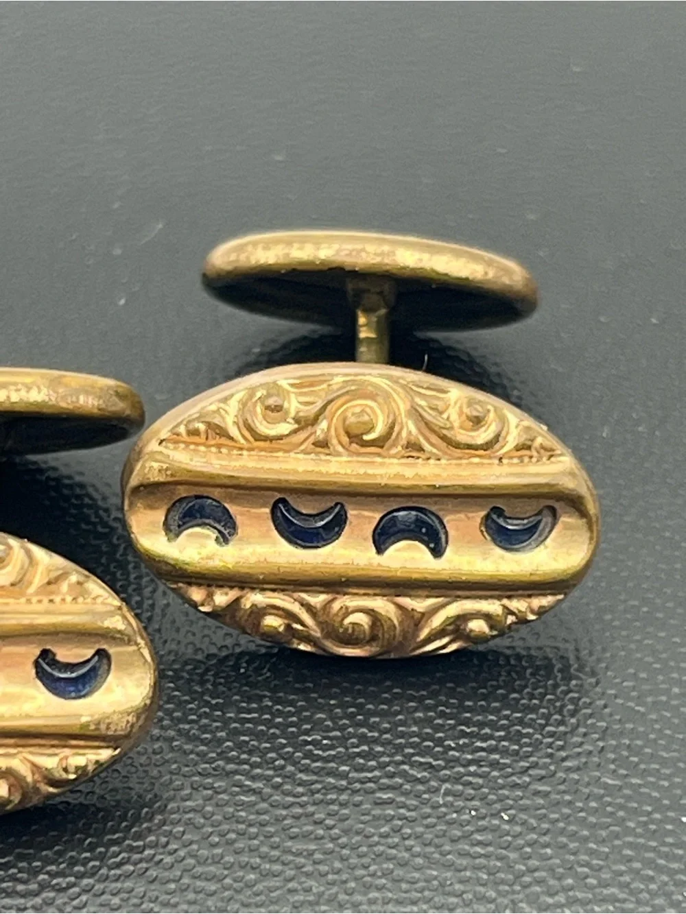 Victorian cuff links blue crescent moon scroll embossed design gold tone vintage